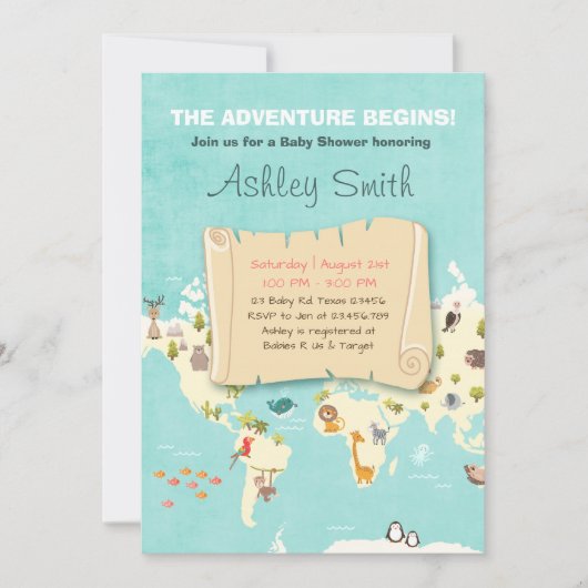 冒険が始まるシャワー招待状旅行場所 招待状 (正面)