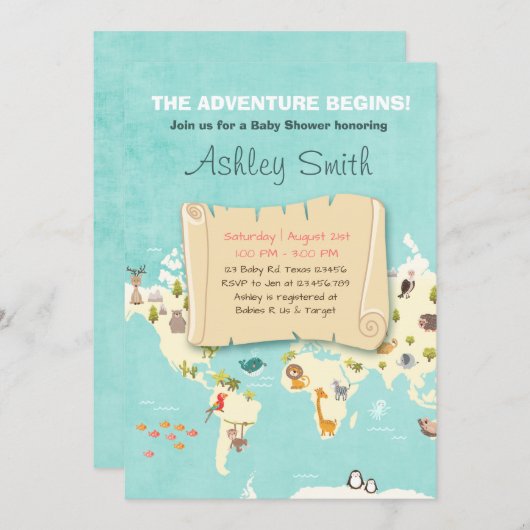 冒険が始まるシャワー招待状旅行場所 招待状 (正面/裏面)
