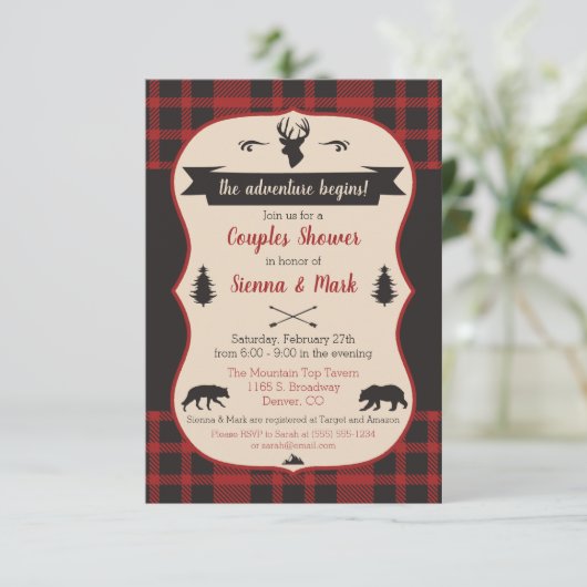 冒険が始まるバッファローの格子縞カップルのシャワー 招待状 (スタンド正面)