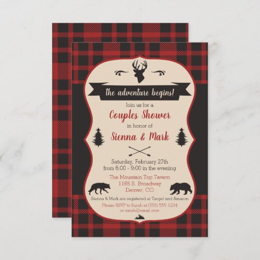 冒険が始まるバッファローの格子縞カップルのシャワー 招待状 (正面/裏面)