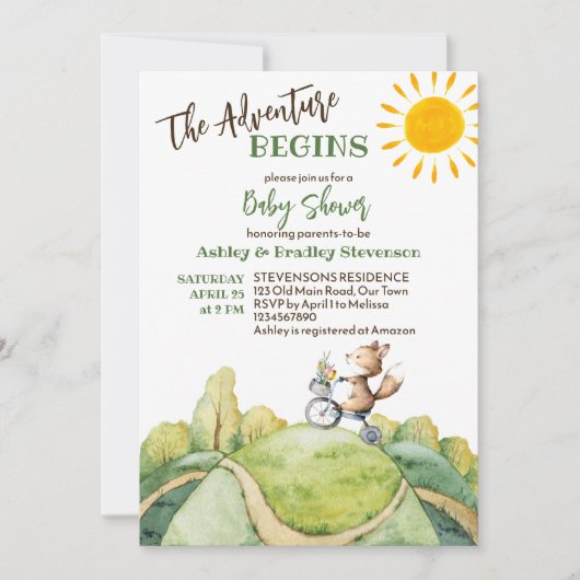 冒険が始まるベビーキツネ乗り自転車の赤ちゃんシャワー 招待状 (正面)