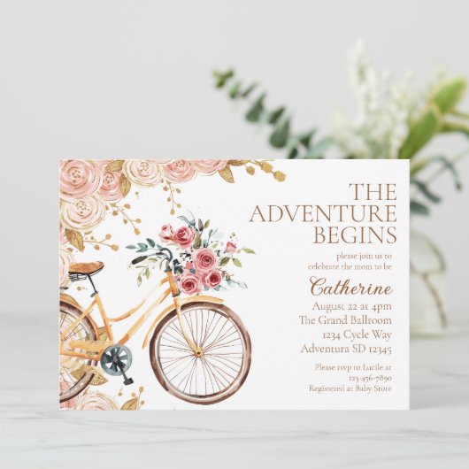 冒険が始まるヴィンテージバイクニュートラル赤ちゃんシャワー 招待状 (スタンド正面)