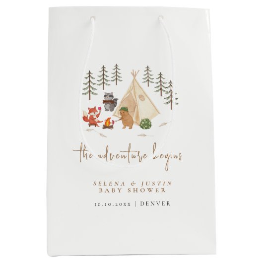 冒険が始まる動物キャンプ赤ちゃんシャワー ミディアムペーパーバッグ (正面)