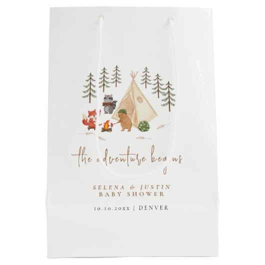 冒険が始まる動物キャンプ赤ちゃんシャワー ミディアムペーパーバッグ (裏面)