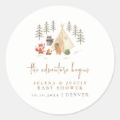 冒険が始まる動物キャンプ赤ちゃんシャワー ラウンドシール (正面)