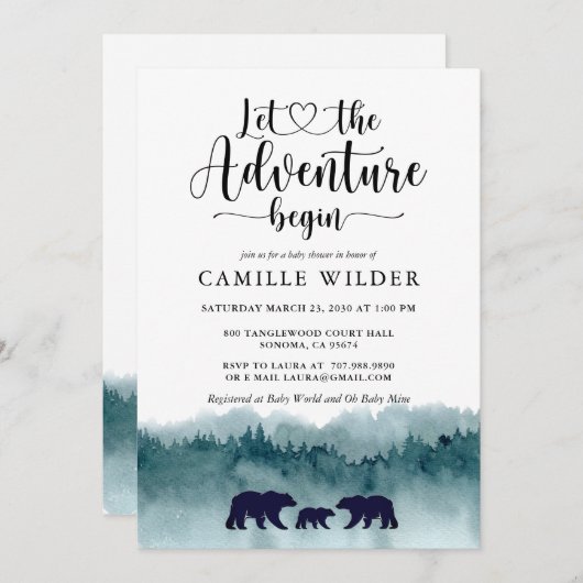 冒険が始まる山々が赤ちゃんシャワーを浴びる 招待状 (正面/裏面)