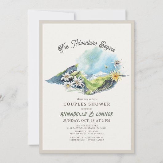 冒険が始まる山脈カップルのシャワー 招待状 (正面)
