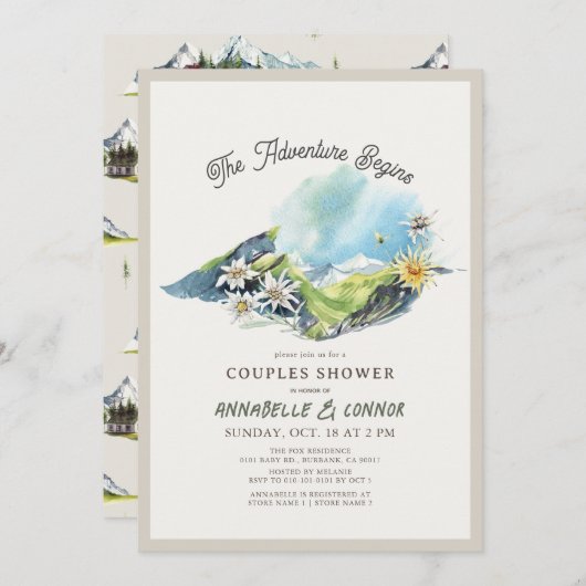 冒険が始まる山脈カップルのシャワー 招待状 (正面/裏面)