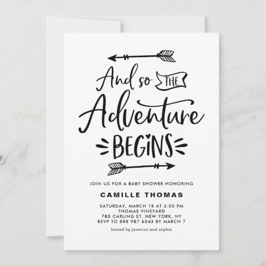 冒険が始まる引用文ブラックベビーシャワー 招待状 (正面)