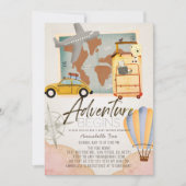 冒険が始まる旅行マップピンク赤ちゃんシャワー 招待状 (正面)