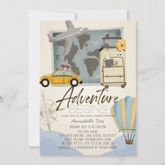 冒険が始まる旅行マップ赤ちゃんシャワー 招待状 (正面)