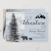 冒険が始まる素朴ウッドランドに赤ちゃんシャワー 招待状 (正面/裏面)