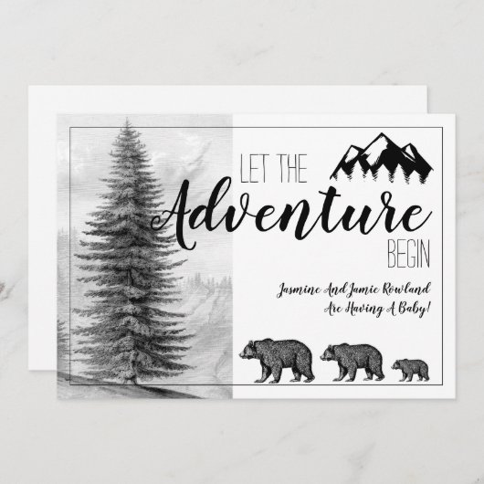 冒険が始まる素朴ウッドランドに赤ちゃんシャワー 招待状 (正面/裏面)