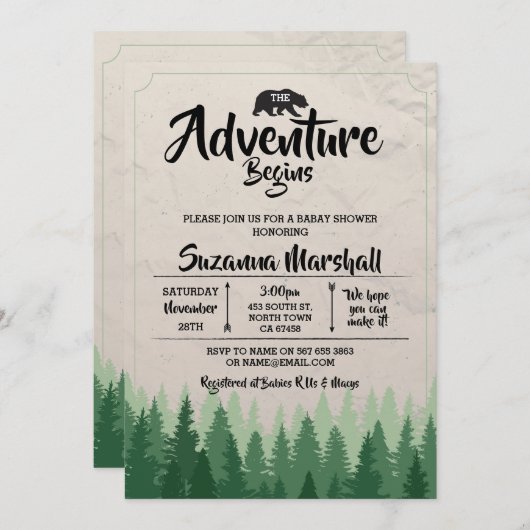 冒険が始まる赤ちゃんのシャワー熊の冬 招待状 (正面/裏面)