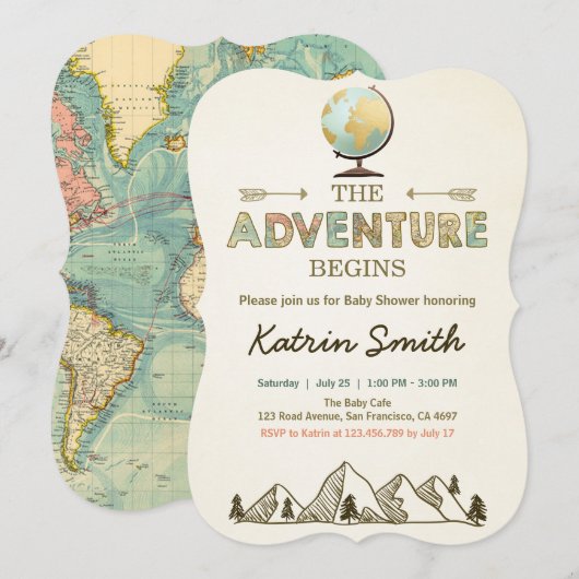 冒険が始まる赤ちゃんシャワー招待グローブマップ 招待状 (正面/裏面)