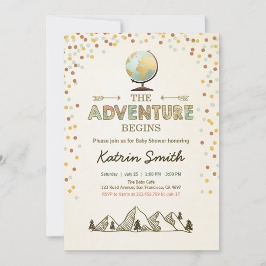冒険が始まる赤ちゃんシャワー招待グローブマップ 招待状 (正面)