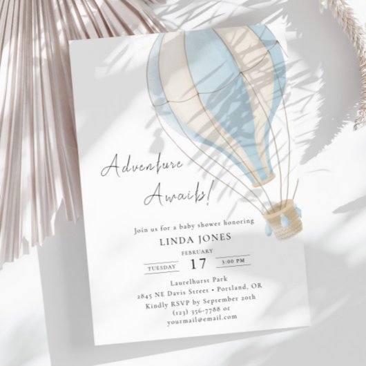 冒険が始まる青い熱気球の赤ちゃんシャワー 招待状