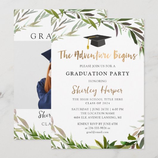 冒険が始まる ゴールド スクリプト グリーンネリー 卒業 招待状 (正面/裏面)