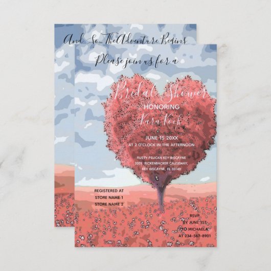 「冒険が始まる」|ピンクハートブライダルシャワー 招待状 (正面/裏面)