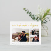 冒険が始まる |写真数々の日付の保存 箔招待状ポストカード (立ち正面)