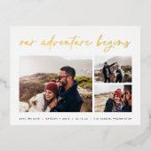 冒険が始まる |写真数々の日付の保存 箔招待状ポストカード (正面)