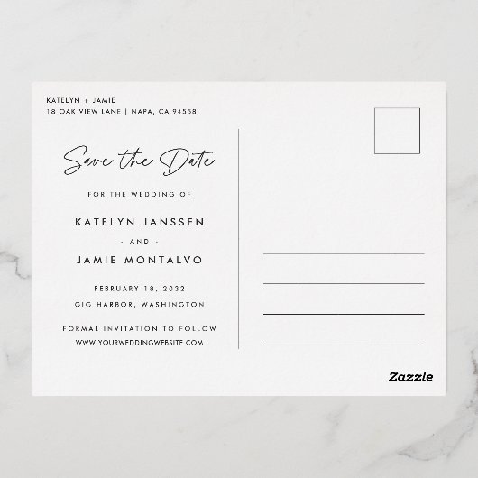 冒険が始まる |写真数々の日付の保存 箔招待状ポストカード (裏面)