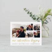 冒険が始まる |写真数々の日付の保存 箔招待状ポストカード (立ち正面)