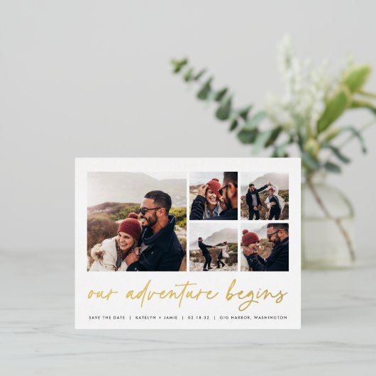 冒険が始まる |写真数々の日付の保存 箔招待状ポストカード (立ち正面)