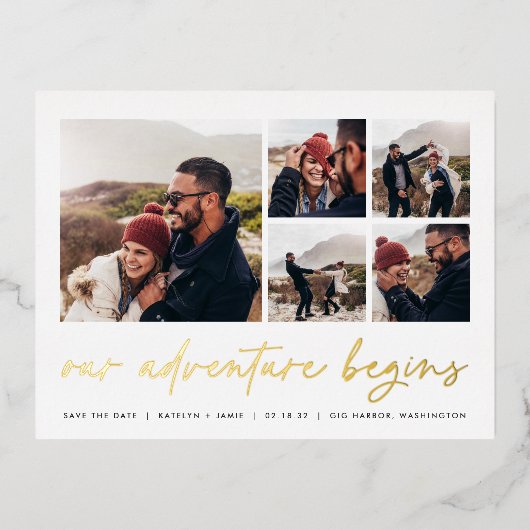 冒険が始まる |写真数々の日付の保存 箔招待状ポストカード (正面)