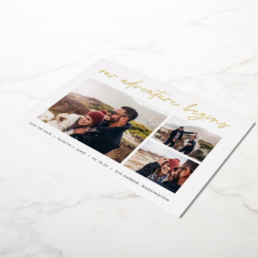 冒険が始まる |写真数々の日付の保存 箔招待状 (回転した状態)