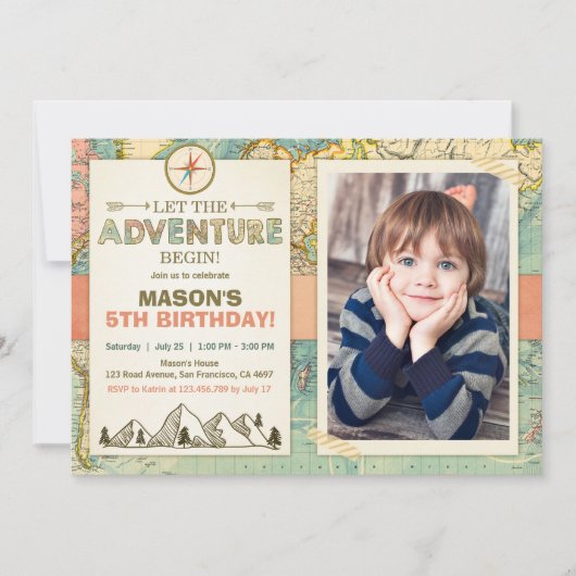 冒険が始まる 誕生日招待状 旅行 地図 招待状 (正面)