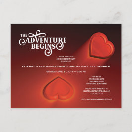 冒険が始まる、2つのハート赤はがき インビテーションポストカード