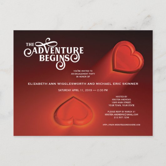 冒険が始まる、2つのハート赤はがき インビテーションポストカード (正面)