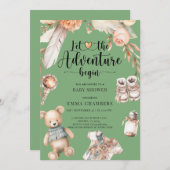 冒険が始まるBoho赤ちゃんシャワーグリーン 招待状 (正面/裏面)
