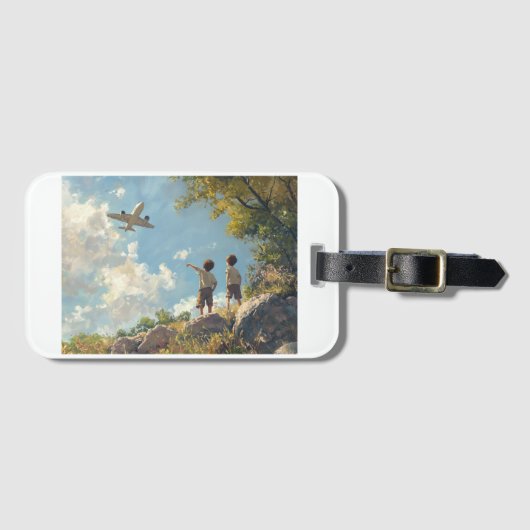 冒険が子供たちを待ち望む飛行機の飛行 ラゲッジタグ (正面横)