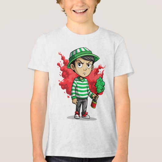 「冒険が待ち受ける小僧のおもちゃをテーマにしたTシャツ」 トライブレンドTシャツ (正面)