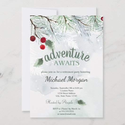 冒険が待ち受ける松の木の枝の雪の退職 招待状 (正面)
