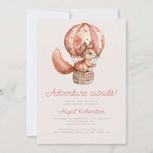 冒険が待ち望むかわいいリス気球ベイビーシャワー 招待状 (正面)