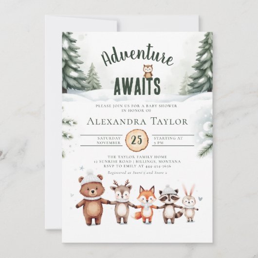 冒険が待ち望む可愛いウッドランド冬の赤ちゃんシャワー 招待状 (正面)