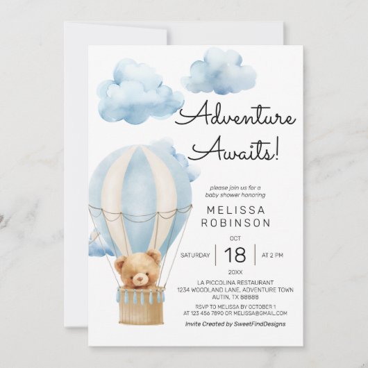 冒険が待っているテディベア男の赤ちゃんシャワー 招待状 (正面)