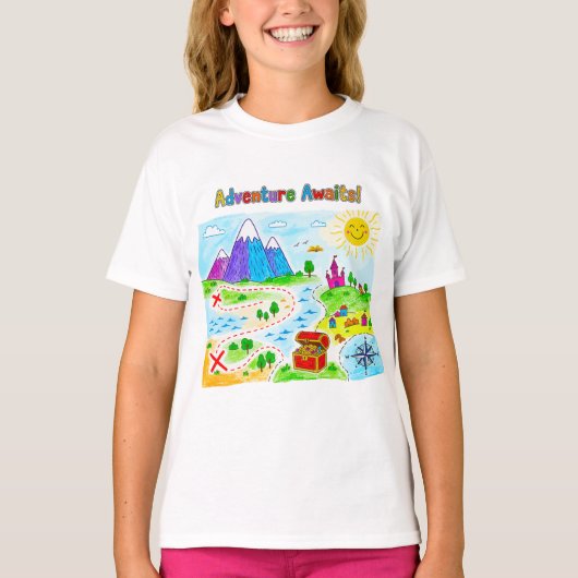 冒険が待っている子供の宝の地図デザイン Tシャツ (正面)