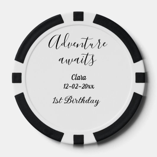 冒険が待っている おめでとう1歳の誕生日 名前 日付 シンプル ポーカーチップ (正面)
