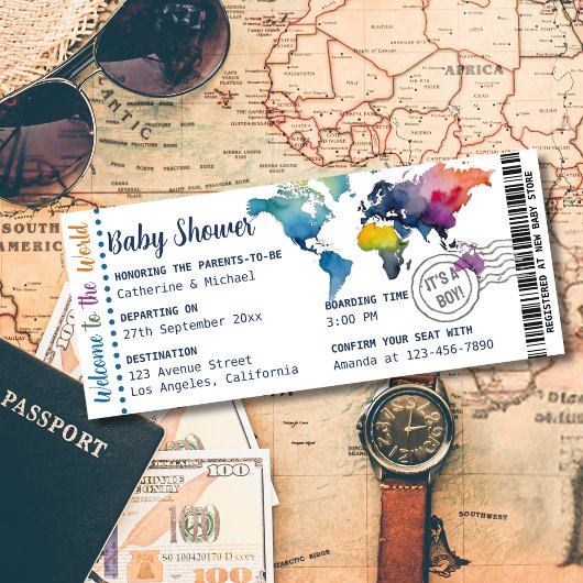 冒険が待っている 世界地図の搭乗券 シャワーを浴びて出発準備をしよう 招待状