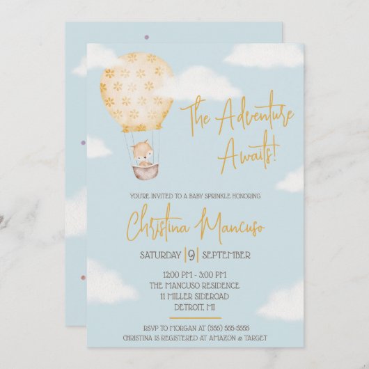 冒険が待っている！赤男女兼用ちゃんシャワー 招待状 (正面/裏面)