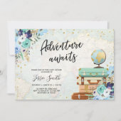 冒険が待つ青いフローラ旅行ベビーシャワー 招待状 (正面)