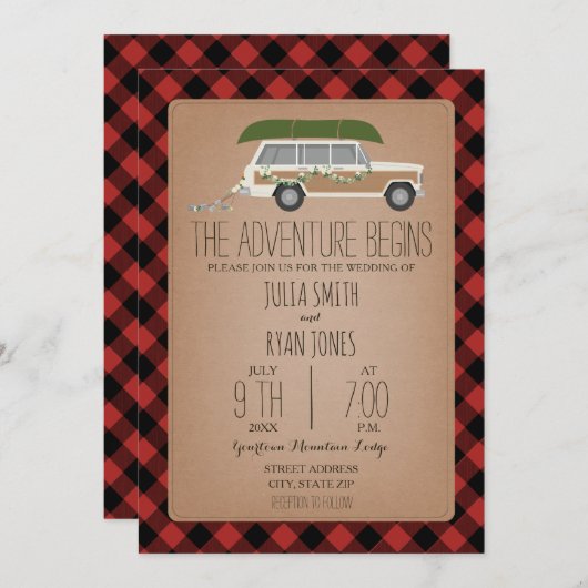 冒険が木材パネルSUVカヌー結婚ズを始める 招待状 (正面/裏面)