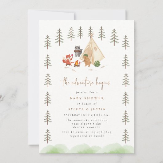 冒険が森の動物の赤ちゃんシャワーを始める 招待状 (正面)
