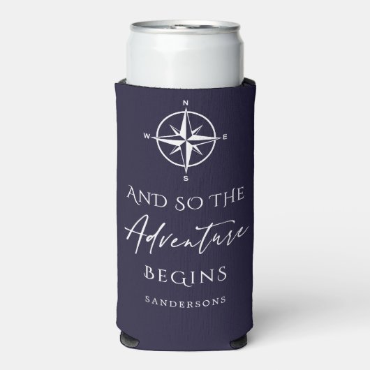 冒険が濃い青で始まるパーソナライズされた スリム缶クーラー (Seltzer正面)