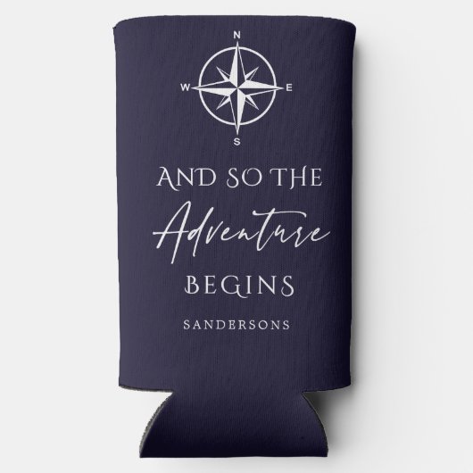 冒険が濃い青で始まるパーソナライズされた スリム缶クーラー (裏面)