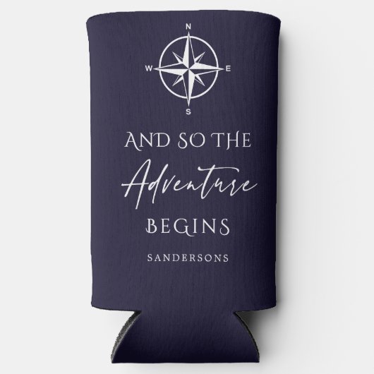 冒険が濃い青で始まるパーソナライズされた スリム缶クーラー (正面)